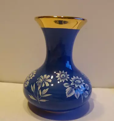 Buy Vintage PRINKNASH POTTERY Small Vase, Blue Floral With Gold Neck • 12£