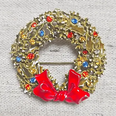 Buy Vintage Art Christmas Jeweled Rhinestone Laurel Wreath Brooch Pin • 21.21£