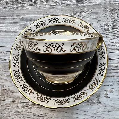 Buy Royal Stafford Floral Matte Black & Gold Tea Cup & Saucer • 10£