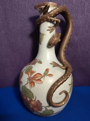 Buy Rare Antique Royal Worcester Blush Ivory Floral Lizard Handle Figural Vase C1887 • 89.99£