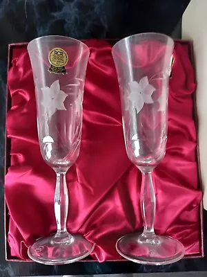 Buy Cathedral Vintage 24% Lead Crystal Short Stem Etched Champagne Flutes Boxed X2 • 4.99£