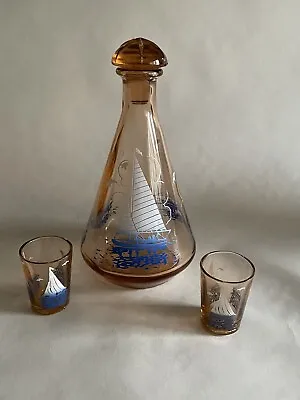 Buy Antique  Decanter And 2 Tiny Glasses  Amber Coloured Glass With Ship Design • 8£