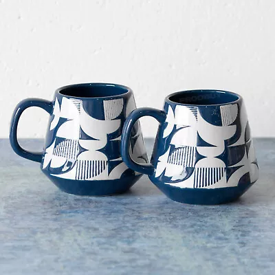 Buy Set Of 2 Navy Blue & White Bauhaus Scandi Mugs 400ml Stoneware Tea Coffee Cups • 23.50£