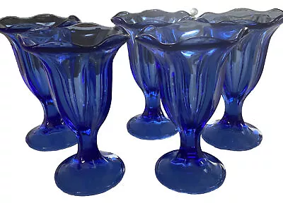 Buy Vintage Anchor Hocking Cobalt Blue Tulip Shaped Dessert Glasses 6” Set Of 5 • 36.50£