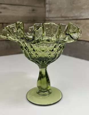Buy Vintage Fenton Glass Colonial Avacado Green Ruffled Crimped Thumbprint Compote💚 • 13£