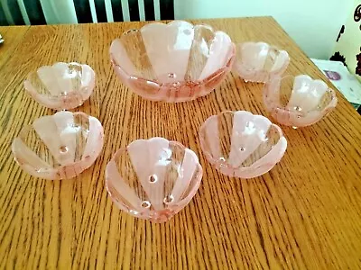 Buy Rare Art Deco Pink Frosted Glass Shell Shape Dessert Fruit Bowls Dishes Set Of 7 • 39.99£