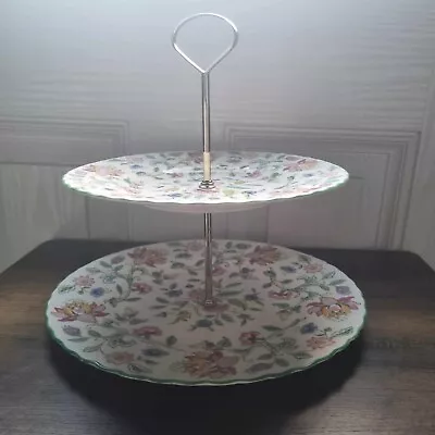Buy Minton Haddon Hall Green Edge  2 Tier Cake Stand Mint/ Excellent Condition • 29.99£