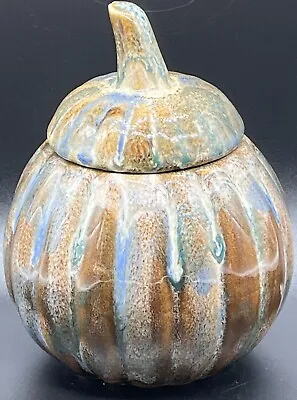 Buy Pumpkin Shaped Candy Dish & Lid Blue Brown Drip Glaze Hermitage Pottery 1998 • 17.29£