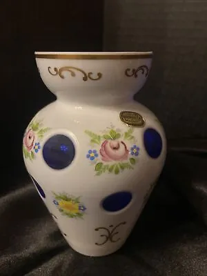 Buy Vintage Moser Bohemian Czechoslovakia Cased White Glass Cut To Cobalt Blue Vase • 52.53£