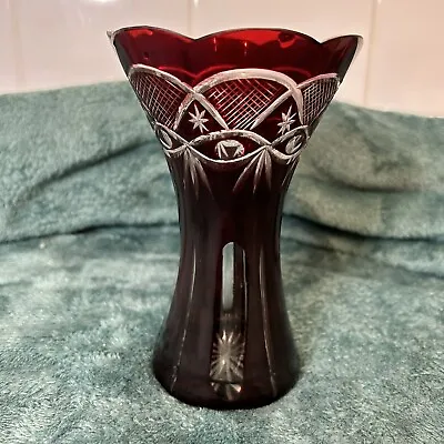 Buy Vintage Bohemian Crystal Cut Glass Ruby Vase • 30£