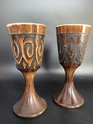 Buy Pair Of Iden Pottery Rye Sussex Brown And Black Mid Century Wine Goblets  • 18.89£