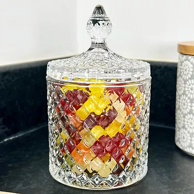 Buy Diamond Glass Sweets Jar With Lid Jewelled Geometric Round Kitchen Food Storage • 11.50£