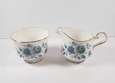 Buy VTG Queen Anne Creamer & Sugar Cup Gold Color Trim Blue Floral Made In England • 17.02£