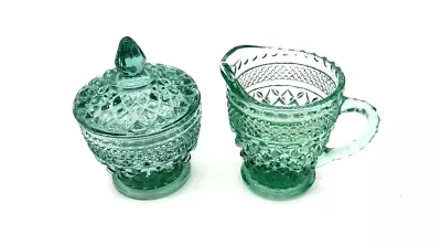Buy Vintage Anchor Hocking Green Glass Wexford Pattern Covered Sugar Bowl & Creamer • 33.96£