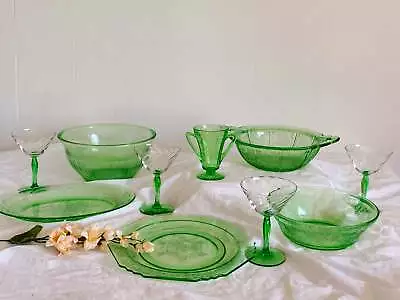 Buy Variety Of Vintage 1930s Green Depression Glass Serving Bowls, Plates, Dessert • 13.28£