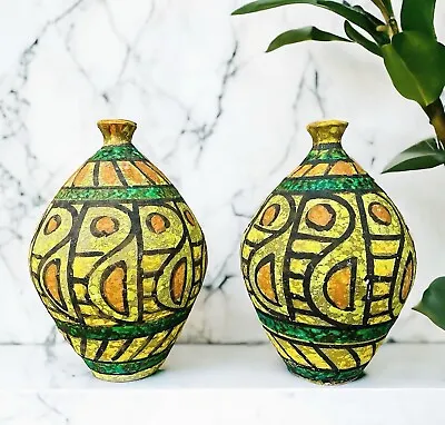 Buy Vintage Mid Century Pair Of Italian Lava Pottery Vases Funky Colorful Designs  • 115.56£