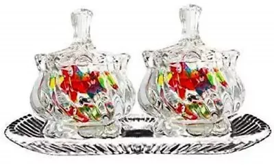 Buy Twin Pack Glass Sweet Candy Sugar Bowl With Tray Set  Decorative Jars With Lid  • 8.95£
