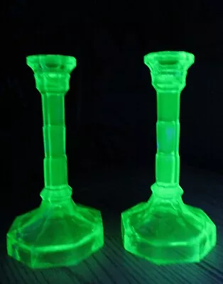 Buy Pair Vintage Art Deco Green Vaseline Uranium Glass Candle Sticks Holders • 44.99£
