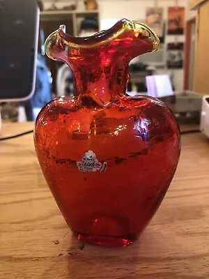 Buy Vtg Rainbow Glass Red Crackle Heart Yellow Lip Vase Glass Art 5” • 30.86£