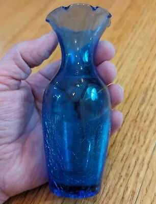 Buy Vintage Colbalt Blue Crackled Bud Glass Vase Glassware 5  Rose Flower Ruffled  • 14.22£