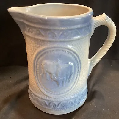 Buy Antique Blue & White Stoneware 8” Pitcher Decorated With Cows Country Farmhouse • 47.35£