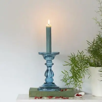 Buy Azure Blue Glass Candlestick Vintage Dinner Taper Candle Stick Holder, 10x16cm • 15£