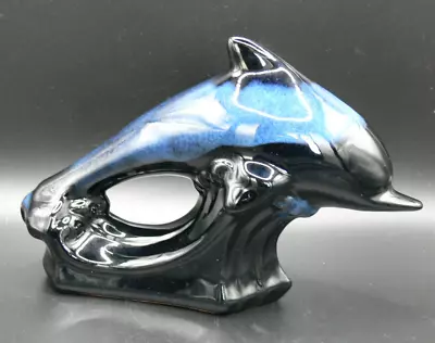 Buy Blue Mountain Pottery Leaping Dolphin 12cm Blue/Green Black Drip Glaze • 19£