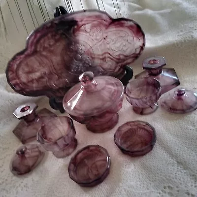 Buy Very Rare Purple / Amethyst Cloud Glass 11 Piece Trinket Set Art Deco Depression • 342.56£
