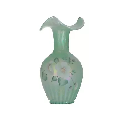 Buy FENTON GLASS Vase 95th Anniversary Green Iridescent Hand Painted Flowers Signed • 125£
