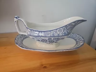 Buy WOODS WARE WINCANTON Blue & White  GRAVY BOAT W/ ATTACHED UNDERPLATE WOOD & SONS • 13.26£