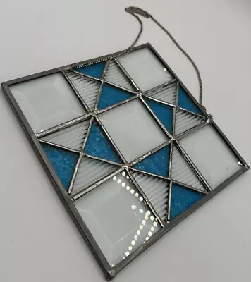 Buy Stained Glass Metal Panel W/Chain For Glass Window Hanging Blue White Preowned • 12.46£