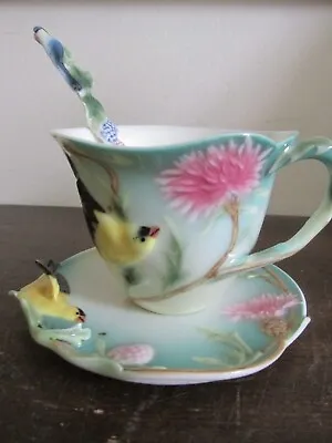 Buy Franz Porcelain FZ00039S Cup And Saucer With Spoon Bird Green • 139.94£