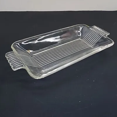 Buy Vintage Art Deco Small Clear Glass Serving Plate Dish Ribbed 10.25 In W/Handles • 10.39£