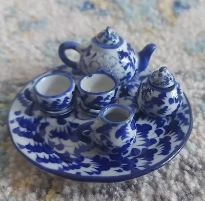 Buy CUTE White & Blue Floral Porcelain Miniature Tea Set Dolls House Mini Dolly • 5£