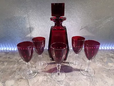 Buy Vintage Ruby Red Glass Port Wine Decanter & 5 Glasses • 9.99£