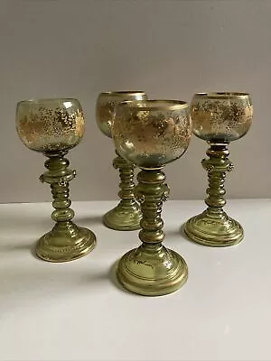 Buy Vintage / Antique Moser ? Wine Glasses Bohemian Gilt Decorated Vine Leaves X 4 • 140£