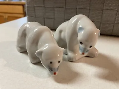 Buy Porcelain Pair Of Hand-painted White Polar Bears With Blue Stripe On Nose 4”, 3” • 17.81£