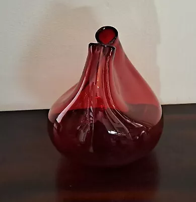 Buy Blenko Ruby Red Vase Cranberry Pinched Glass Hand Blown Heart Twin Stem Bischoff • 19£