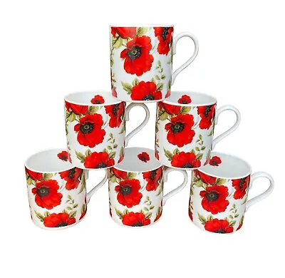 Buy Fine Bone China Mugs Poppy Flower Set Of 6x  (Balmoral) • 22.99£