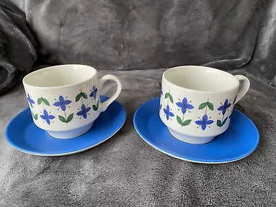 Buy Vintage 1960s Midwinter Roselle Tea Cups & Saucers X2 Retro Blue & Green Lot E • 8.50£
