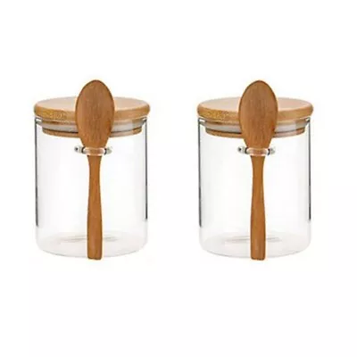 Buy 2Pcs  With Bamboo Lid And Spoon Clear Glass Canister Jar For5101 • 20.86£