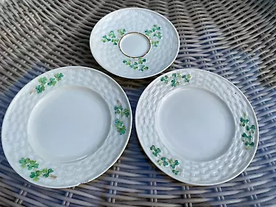 Buy Belleek Fine Irish China Side Plates And Saucer - Shamrock Basketweave Design • 32£