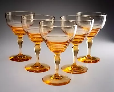 Buy 5 Antique Amber Stuart Crystal 'Stratford' Pattern Wine Glasses Art Deco 1920s • 74.98£