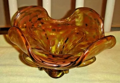 Buy Multi Color Gold Flake Art Glass Fruit Bowl Curved Edges Footed 5LBS • 81.51£