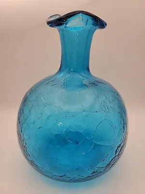Buy Vintage Hand Blown Turquoise Blue Ruffle Edge Crackle Glass Vase • 19.16£