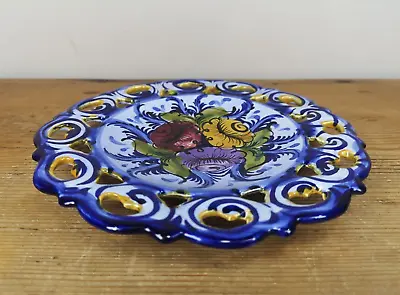 Buy Vintage Blue Floral Alcobaca Hand Painted Reticulated / Cut Out Plate Portugal • 9.50£