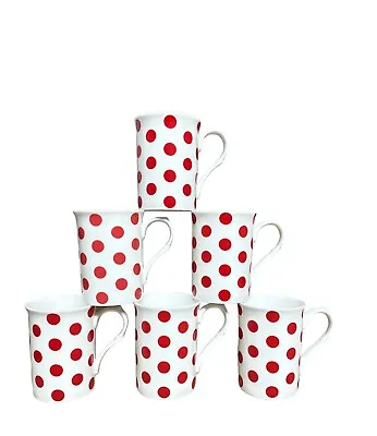 Buy 6 Red Polka Dot Mugs Set White Fine Bone China Tea Mug Coffee Cup Set • 23.99£