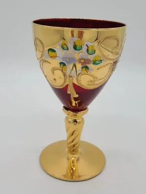 Buy Vintage Czech Bohemian Ruby Red  Gold Hand Painted Wine Glass Gilded Twist Stem • 25.05£