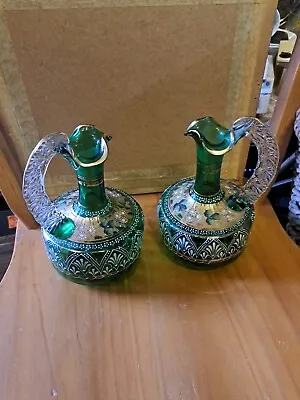 Buy Pair Antique Green Glass Jugs Enamel And Gilt Embellished • 45£