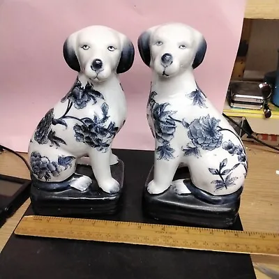 Buy Pair Of 8 Inch Blue & White Staffordshire Ironstone China Dog Figurines • 12£